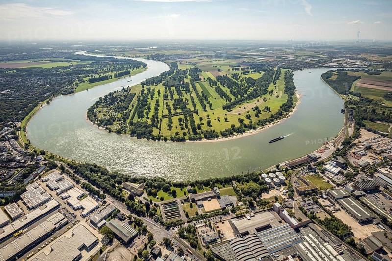 Aerial view, river Rhine Rhine bend with meadows and fields Zonser Grind and camping site Rheinblick am Zonser Grind in Stürzelberg, Dormagen, Rhineland, North Rhine-Westphalia, Germany, inland navigation, camping, camping site, campsite, DE, Europe, green trees, aerial view, aerial photography, aerial photography, Rhine bend, shipping traffic, overview, bird's-eye view, meadows and fields, birds-eyes view, overview