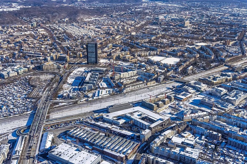 Aerial photo, city centre, ARAG Tower, Düsseltal, Düsseldorf, Rhineland, North Rhine-Westphalia, Germany, ARAG high-rise, ARAG insurance, City, DE, Europe, skyscraper, aerial photo, aerial photography, aerial photography, snow, overview, bird's-eye view, winter, birds-eyes view, overview