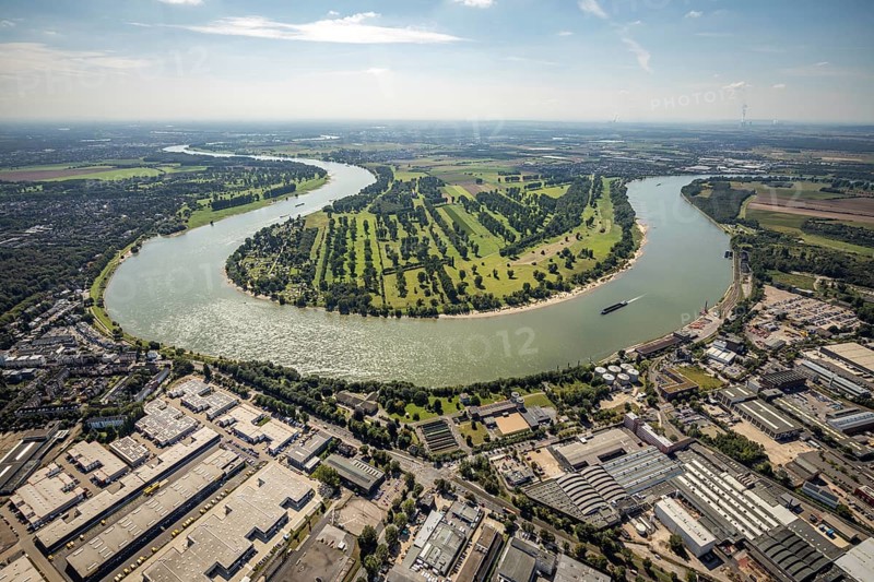 Aerial view, river Rhine Rhine bend with meadows and fields Zonser Grind and camping site Rheinblick am Zonser Grind in Stürzelberg, Dormagen, Rhineland, North Rhine-Westphalia, Germany, inland navigation, camping, camping site, campsite, DE, Europe, green trees, aerial view, aerial photography, aerial photography, Rhine bend, shipping traffic, overview, bird's-eye view, meadows and fields, birds-eyes view, overview