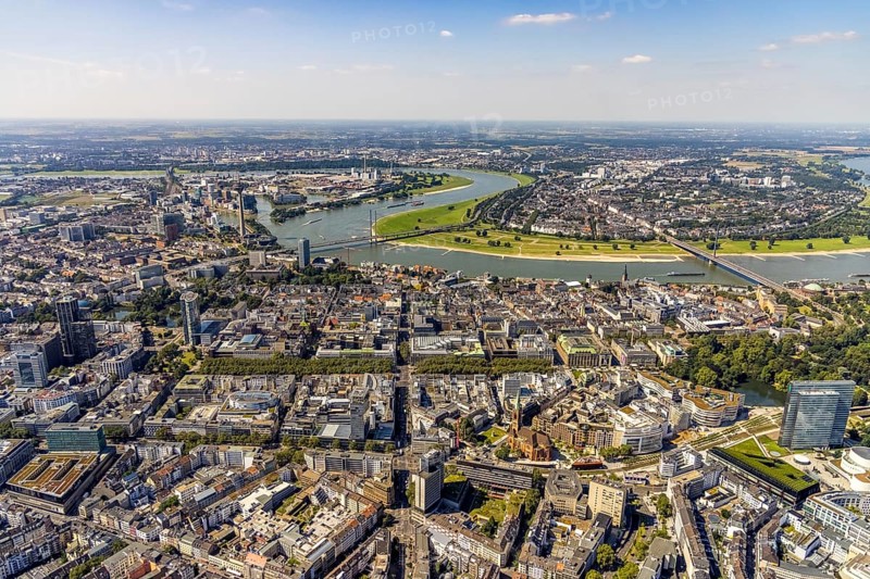 Aerial view, Düsseldorfer Kö Königsallee shopping district and St. John's Church and Media Harbour in the background at the river Rhine, city centre, Düsseldorf, Rhineland, North Rhine-Westphalia, Germany, City, DE, Europe, city centre, aerial view, aerial photography, aerial photography, aerial view, townscape, city area, city centre, overview, bird's eye view, overview