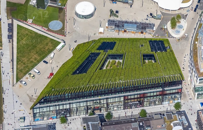 Aerial view, new construction of the Kö Bogen II business centre with hornbeam growth at Gustav-Gründgens-Platz in the city centre, Düsseldorf, Rhineland, North Rhine-Westphalia, Germany, DE, Europe, commercial buildings, commercial enterprises, commercial space, commercial location, commercial use, aerial view, aerial photography, aerial photography, overview, bird's-eye view, overview