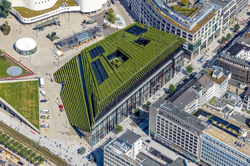 Aerial view, new construction of the Kö Bogen II business centre with hornbeam growth at Gustav-Gründgens-Platz in the city centre, Düsseldorf, Rhineland, North Rhine-Westphalia, Germany, DE, Europe, commercial buildings, commercial enterprises, commercial space, commercial location, commercial use, aerial view, aerial photography, aerial photography, overview, bird's-eye view, overview