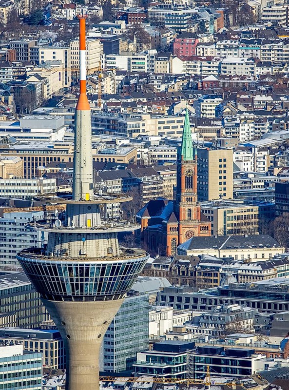 Aerial view, Rhine Tower in the Media Harbour, St. John's Church in the background, harbour, Düsseldorf, Rhineland, North Rhine-Westphalia, Germany, place of worship, office use, DE, Europe, trade, commercial enterprises, commercial area, commercial park, commercial location, commercial use, religious community, place of worship, holy place, industry, industrial area, industrial site, church, parish, denomination, logistics, aerial view, aerial photography, aerial photography, religion, religious site, snow, tower, overview, bird's-eye view, winter, birds-eyes view, overview