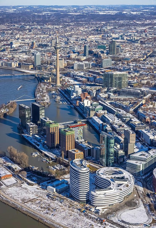 Aerial view, media harbour with Rhine Tower, harbour, Düsseldorf, Rhineland, North Rhine-Westphalia, Germany, office use, DE, Europe, commercial, commercial enterprises, commercial area, commercial park, commercial location, commercial use, industry, industrial area, industrial location, logistics, aerial view, aerial photography, aerial photography, aerial photography, snow, tower, overview, bird's eye view, winter, birds-eyes view, overview