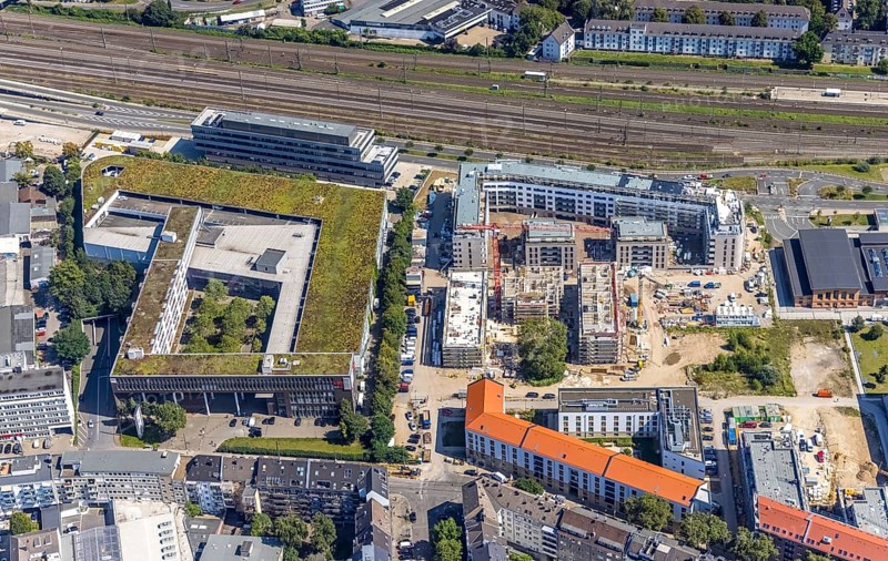 Aerial view, construction site and new building at the campus of the Düsseldorf University of Applied Sciences in the Derendorf district of Düsseldorf, Rhineland, North Rhine-Westphalia, Germany, construction work, construction area, construction site, building plots, construction project, construction site, DE, Düsseldorf, Europe, university, aerial photograph, aerial photography, aerial photography, new building, overview, bird's-eye view, former old slaughterhouse, overview