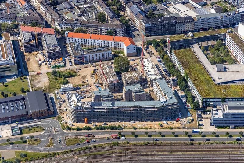Aerial view, construction site and new building at the campus of the Düsseldorf University of Applied Sciences in the Derendorf district of Düsseldorf, Rhineland, North Rhine-Westphalia, Germany, construction work, construction area, construction site, building plots, construction project, construction site, DE, Düsseldorf, Europe, university, aerial photograph, aerial photography, aerial photography, new building, overview, bird's-eye view, former old slaughterhouse, overview