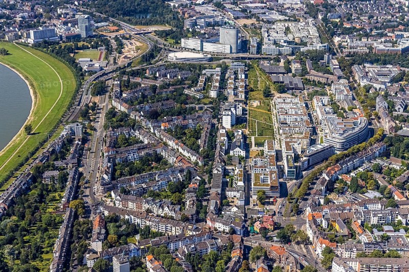 Aerial view, new residential neighbourhood Belsenpark, Ria-Thiele-Straße in Oberkassel, Düsseldorf, Rhineland, North Rhine-Westphalia, Germany, DE, Europe, property tax, real estate, aerial view, aerial photography, aerial photography, overview, bird's-eye view, residential area, residential buildings, residential quality, residential neighbourhood, housing estate, birds-eyes view, overview