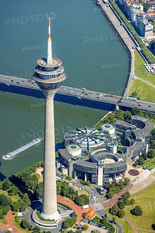 Aerial view, Rhine Tower and State Parliament of North Rhine-Westphalia at the river Rhine in the harbour in Düsseldorf, Rhineland, North Rhine-Westphalia, Germany, DE, Düsseldorf, Europe, aerial view, aerial photography, aerial photography, overview, bird's-eye view, overview
