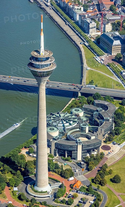 Aerial view, Rhine Tower and State Parliament of North Rhine-Westphalia at the river Rhine in the harbour in Düsseldorf, Rhineland, North Rhine-Westphalia, Germany, DE, Düsseldorf, Europe, aerial view, aerial photography, aerial photography, overview, bird's-eye view, overview