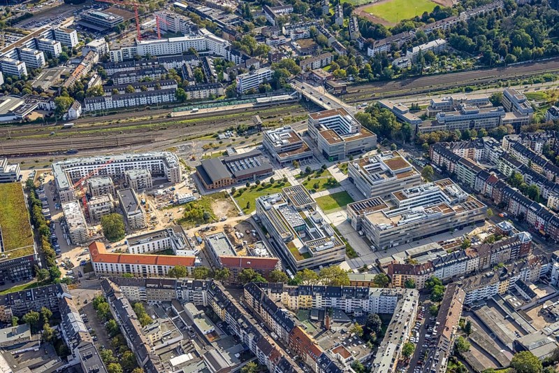 Aerial view, construction site with new building at the campus of the Düsseldorf University of Applied Sciences in the Derendorf district of Düsseldorf, Rhineland, North Rhine-Westphalia, Germany, construction work, construction area, construction site, building plots, construction project, construction site, DE, Düsseldorf, Europe, university, aerial photograph, aerial photography, aerial photography, new building, overview, bird's eye view, overview