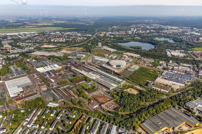 Aerial view, PSD BANK DOME event arena and exhibition grounds Vallourec Germany in the district Rath in Düsseldorf, Rhineland, North Rhine-Westphalia, Germany, DE, Düsseldorf, Europe, commercial enterprises, commercial area, commercial park, commercial location, commercial use, industrial area, industrial building, industrial location, culture, art, aerial photograph, aerial photography, aerial photography, overview, event location, event venue, bird's eye view, birds-eyes view, cultural use, overview