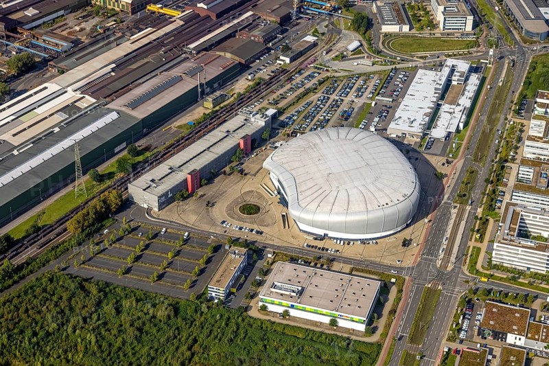Aerial view, PSD BANK DOME event arena in the Rath district of Düsseldorf, Rhineland, North Rhine-Westphalia, Germany, DE, Düsseldorf, Europe, culture, art, aerial photography, aerial photography, aerial photography, overview, venue, event location, bird's eye view, birds-eyes view, cultural use, overview