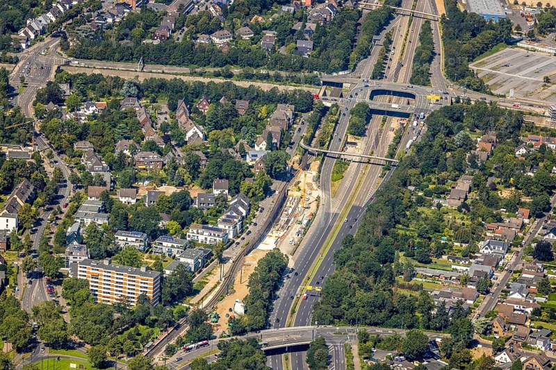 Aerial view, construction site at Danziger Straße with motorway access A44 Stockumer Höfe in Stockum, Düsseldorf, Rhineland, North Rhine-Westphalia, Germany, 2 bridges over the Weser, motorway, construction work, construction area, building site, building plots, construction project, construction site, DE, Europe, aerial view, aerial photography, aerial photography, overview, bird's-eye view, bird's-eye view, overview