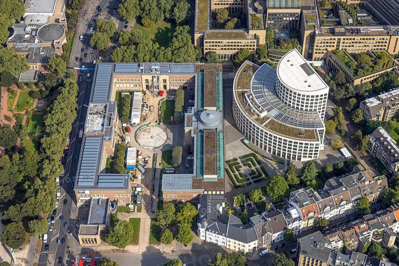 Aerial view, art palace and semicircular building of the Ministry of the Environment of North Rhine-Westphalia in the district Pempelfort in Düsseldorf, Rhineland, North Rhine-Westphalia, Germany, authority, DE, Düsseldorf, Europe, culture, art, aerial view, aerial photography, aerial photography, overview, bird's-eye view, overview