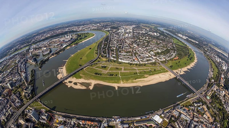Aerial view, fisheye view river Rhine with Rheinkniebrücke and Oberkasseler Brücke and district Oberkassel in Düsseldorf, Rhineland, North Rhine-Westphalia, Germany, bridge, DE, Düsseldorf, Europe, fisheye view, river, aerial view, aerial photography, aerial photography, overview, bird's eye view, birds-eyes view, fisheye lens, overview