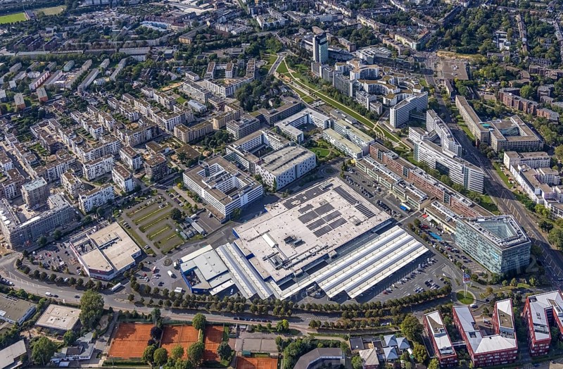 Aerial view of the future METRO campus in Düsseldorf Flingern at METROstraße 1, Flingern, Düsseldorf, Rhineland, North Rhine-Westphalia, Germany, DE, Europe, aerial photograph, birds-eyes view, aerial photography, aerial photography, overview, bird's eye view