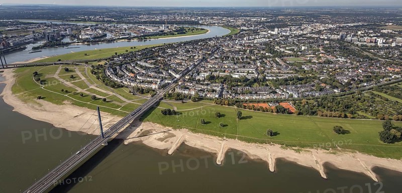 Aerial view, river Rhine with Rheinkniebrücke and district Oberkassel in Düsseldorf, Rhineland, North Rhine-Westphalia, Germany, DE, Düsseldorf, Europe, aerial view, aerial photography, aerial photography, overview, bird's-eye view, overview