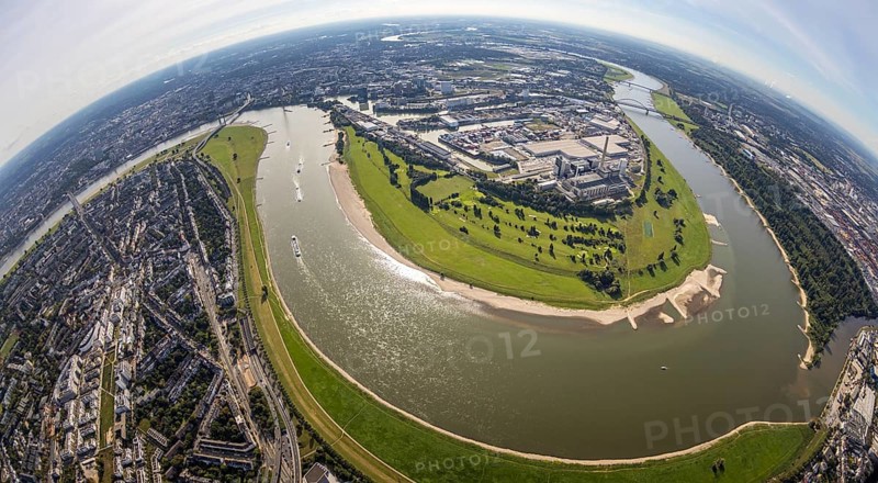 Aerial view, fisheye view of the Medienhafen at the river Rhine with Rhine bend in the district harbour in Düsseldorf, Rhineland, North Rhine-Westphalia, Germany, DE, Düsseldorf, Europe, fisheye view, aerial view, aerial photography, aerial photography, overview, bird's eye view, birds-eyes view, fisheye lens, overview