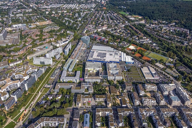 Aerial view of the future METRO campus in Düsseldorf Flingern at METROstraße 1, Flingern, Düsseldorf, Rhineland, North Rhine-Westphalia, Germany, DE, Europe, aerial photograph, birds-eyes view, aerial photography, aerial photography, overview, bird's eye view