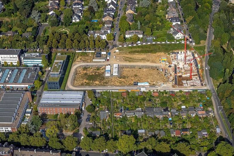 Aerial view, construction site Zoo eins neighbourhood for flats on Max-Planck-Straße in the Düsseltal district of Düsseldorf, Rhineland, North Rhine-Westphalia, Germany