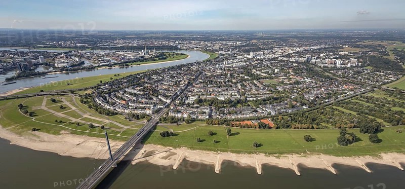 Aerial view, river Rhine with Rheinkniebrücke and district Oberkassel in Düsseldorf, Rhineland, North Rhine-Westphalia, Germany, DE, Düsseldorf, Europe, aerial view, aerial photography, aerial photography, overview, bird's-eye view, overview