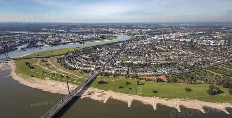 Aerial view, river Rhine with Rheinkniebrücke and district Oberkassel in Düsseldorf, Rhineland, North Rhine-Westphalia, Germany, DE, Düsseldorf, Europe, aerial view, aerial photography, aerial photography, overview, bird's-eye view, overview