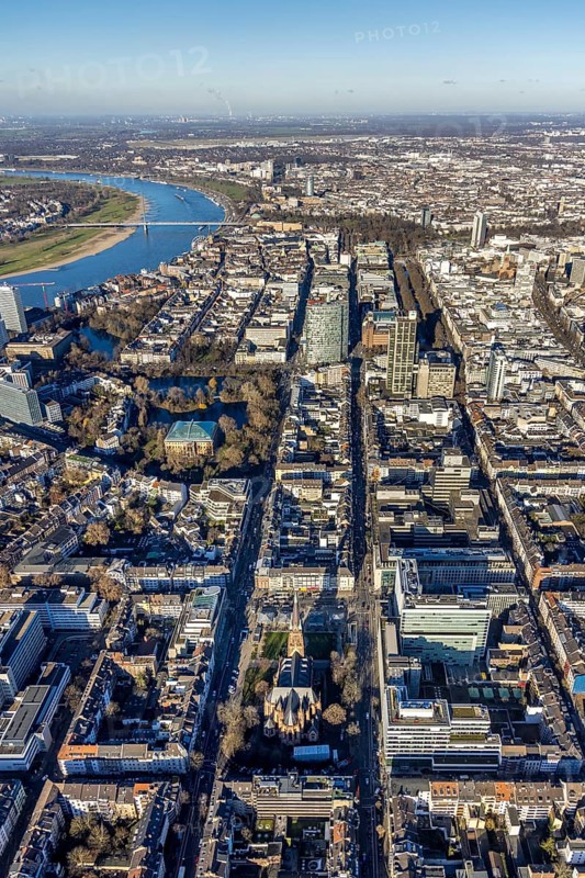 Aerial view, office buildings and commercial buildings Friedrichstraße with the catholic church St. Peter in the district Friedrichstadt in Düsseldorf, Rhineland, North Rhine-Westphalia, Germany, place of worship, city, DE, Düsseldorf, Europe, commercial buildings, commercial location, commercial use, religious community, place of worship, holy place, city centre, church, parish, denomination, aerial view, aerial photography, aerial photography, religion, religious site, city view, city centre, city centre, overview, bird's-eye view, overview