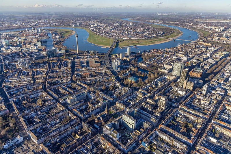 Aerial view, office buildings and commercial buildings Friedrichstraße with the catholic church St. Peter and Rhine Arch and Rhine Tower in the Friedrichstadt district of Düsseldorf, Rhineland, North Rhine-Westphalia, Germany, place of worship, City, DE, Düsseldorf, Europe, commercial buildings, commercial location, commercial use, religious community, place of worship, holy place, city centre, church, parish, denomination, aerial view, aerial photography, aerial photography, religion, religious site, Rheinkniebrücke, city view, city centre, city centre, overview, bird's-eye view, bird's-eye view, overview