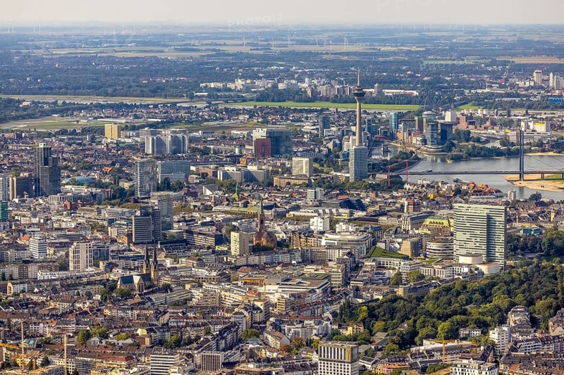 Aerial view, city view Carlstadt with view to the Rhine Tower and Media Harbour in the district harbour in Düsseldorf, Rhineland, North Rhine-Westphalia, Germany, DE, Düsseldorf, Europe, aerial view, aerial photography, aerial photography, overview, bird's-eye view, overview