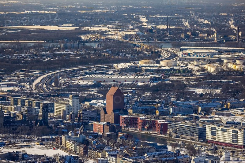 Aerial view, Landesarchiv North Rhine-Westphalia Abteilung Rheinland, Yachthafen Marina Duisburg, inner harbour, old town, Duisburg, Ruhr area, North Rhine-Westphalia, Germany, DE, Europe, aerial view, aerial photography, aerial photography, snow, overview, bird's eye view, winter, birds-eyes view, cleared roads, overview