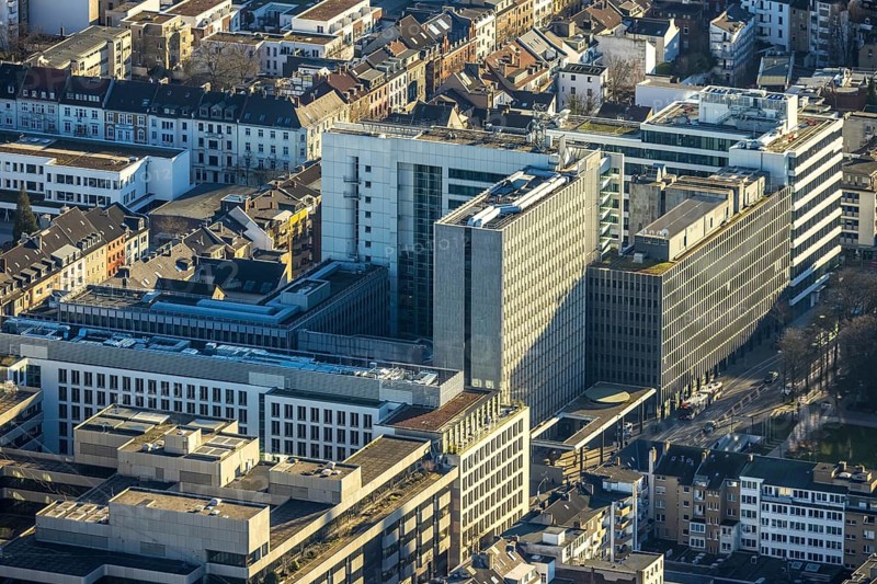 Aerial view, office buildings and commercial buildings with Ministry of the Interior of the State of North Rhine-Westphalia on Friedrichstraße in the Friedrichstadt district of Düsseldorf, Rhineland, North Rhine-Westphalia, Germany, City, DE, Düsseldorf, Europe, commercial buildings, commercial location, commercial use, city centre, aerial view, aerial photography, aerial photography, city view, city centre, city centre, overview, bird's-eye view, bird's-eye view, overview