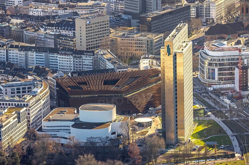Aerial view, Dreischeibenhaus and Düsseldorfer Schauspielhaus as well as business centre Kö Bogen II with hornbeam growth at Gustav-Gründgens-Platz in city centre in Düsseldorf, Rhineland, North Rhine-Westphalia, Germany, DE, Düsseldorf, shopping centre, shopping mall, shopping square, shopping centre, Europe, commercial buildings, commercial enterprises, commercial area, commercial location, commercial use, Gustaf-Gründgens-Platz, Ingenhoven-Tal department store and office building, culture, art, Kö-Bogen II, Königsallee, aerial view, aerial photography, aerial photography, Oststraße, Schadowstraße, shopping centre, Thyssen tower block, overview, events, event location, event venue, bird's-eye view, birds-eyes view, cultural use, overview