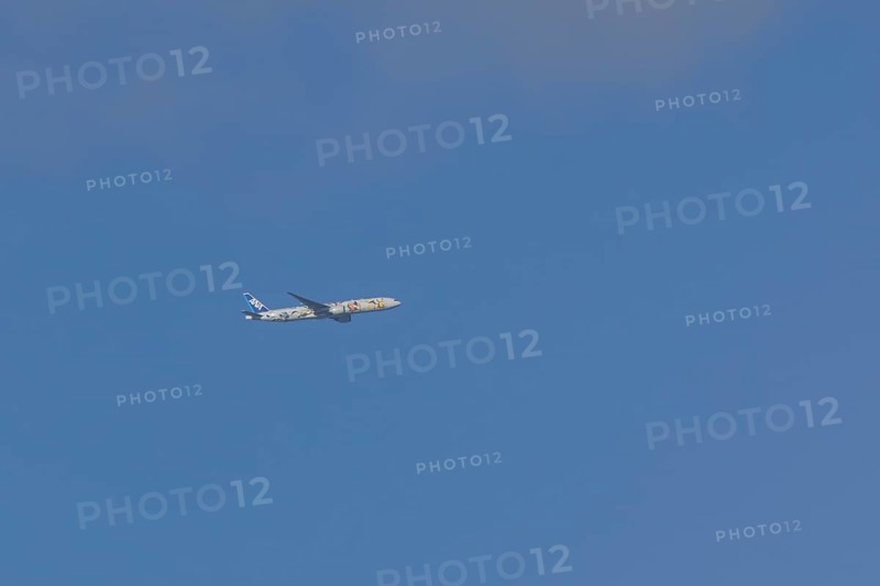 Jet passenger aircraft of ANA airways in flight in a blue sky, London, England, United Kingdom