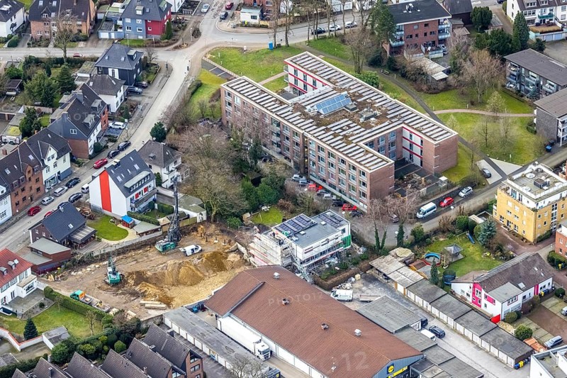 Aerial view, Diakonisches Werk Gladbeck-Bottrop-Dorsten Seniorenzentrum Käthe Braus, construction site, Bottrop, Ruhr area, North Rhine-Westphalia, Germany, retirement home, old people's home, care and nursing, DE, Europe, aerial view, aerial photography, aerial photography, care facility, retirement home, retirement home, senior citizens' residence, senior citizens' centre, overview, bird's eye view, birds-eyes view, overview