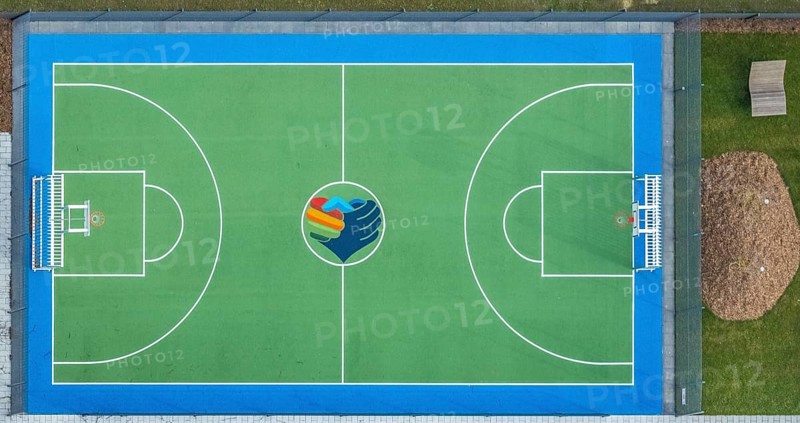 Aerial view, new building Manus, Manuel Neuer Kids Foundation, children and youth centre with football pitch Johannesstraße, Bottrop, Ruhr area, North Rhine-Westphalia, Germany, DE, Europe, shapes and colours, aerial view, aerial photography, aerial photography, overview, bird's eye view, birds-eyes view, overview
