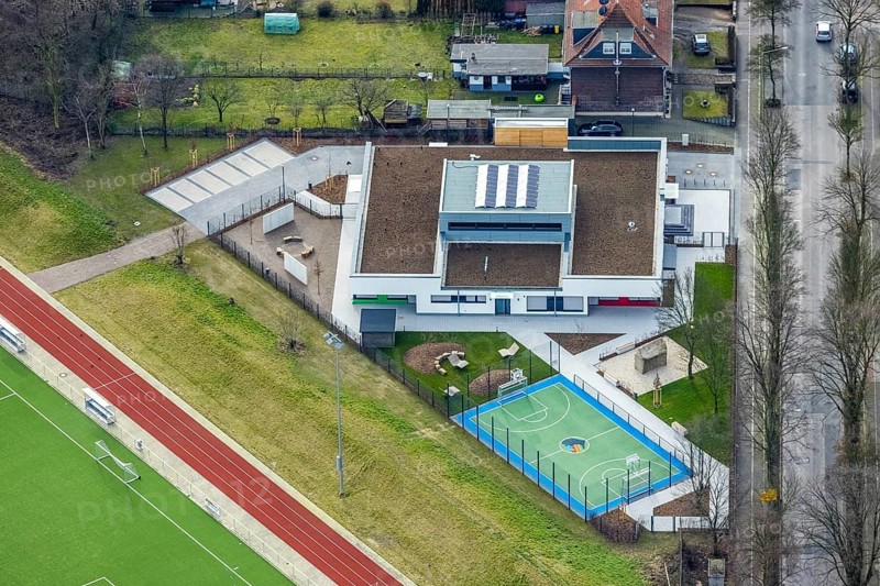 Aerial view, new building Manus, Manuel Neuer Kids Foundation, children and youth centre with football pitch Johannesstraße, Bottrop, Ruhr area, North Rhine-Westphalia, Germany, DE, Europe, aerial view, aerial photography, aerial photography, overview, bird's-eye view, overview