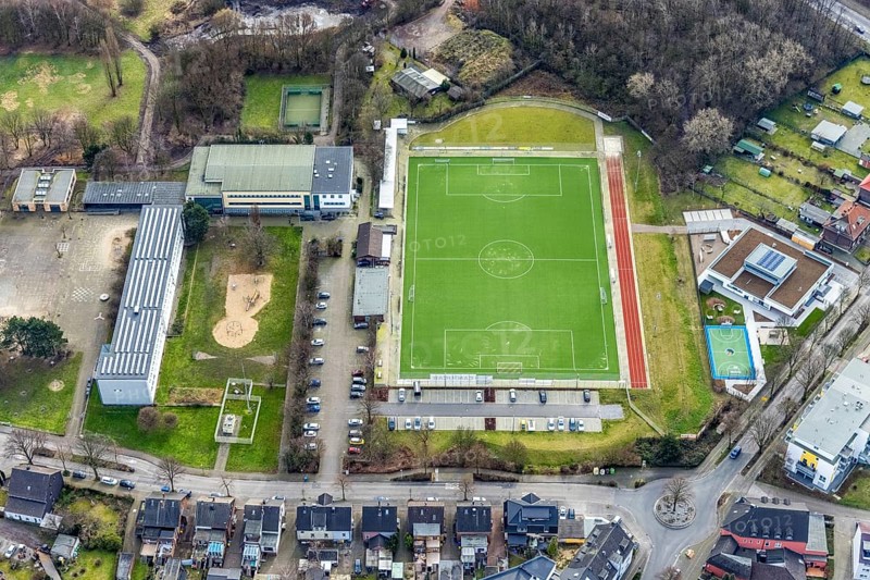 Aerial view, sports facility Welheimer Straße, Bottrop, Ruhr area, North Rhine-Westphalia, Germany, DE, Europe, football pitch, football stadium, football club, indoor swimming pool Boy Welheim, aerial view, aerial photography, aerial photography, sports, sports facilities, sports field, sports facility, stadium, overview, bird's eye view, bird's eye view, overview