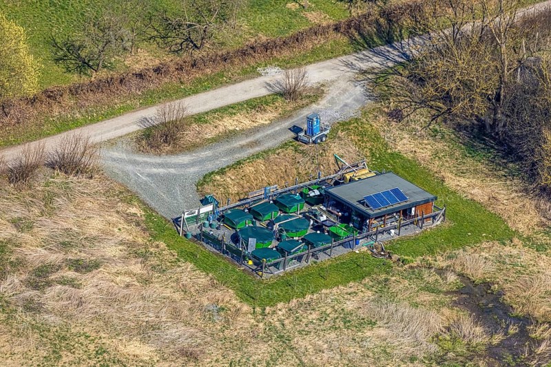 Aerial view, storage area Oststraße in the Ruhrauen, fish farm ?, Bestwig, Sauerland, North Rhine-Westphalia, Germany, DE, Europe, aerial view, aerial photography, aerial photography, photovoltaic, photovoltaic system, solar, solar system, solar energy, solar energy, overview, bird's-eye view, overview