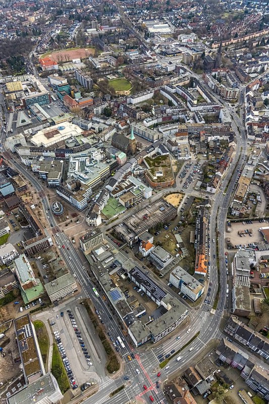 Aerial view, Hansa Center shopping centre, Berliner Platz, Bottrop, Ruhr area, North Rhine-Westphalia, Germany, City, DE, shopping centre, shopping mall, shopping markets, shopping plaza, shopping centre, Europe, specialist markets, Hansa Centre, city centre, aerial view, aerial photography, aerial photography, local supply centre, shopping, shopping centre, city centre, overview, bird's-eye view, overview