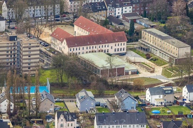 Aerial photo, Albert-Schweitzer-Schule, Bottrop, Ruhr area, North Rhine-Westphalia, Germany, education, educational institution, DE, Europe, primary school, teaching institute, aerial photo, aerial photography, aerial photography, Prosperstraße, school, overview, bird's eye view, birds-eyes view, overview