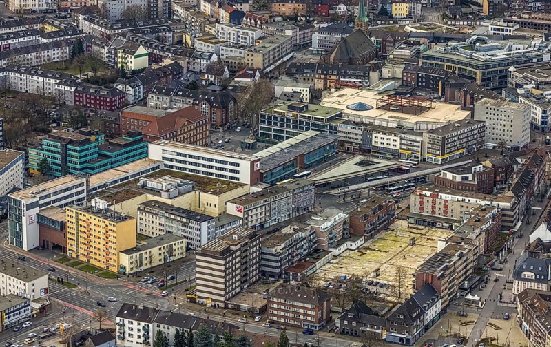 Aerial view, Am Trapez Bottrop, shopping centre Hansa Center, Berliner Platz, city centre, Bottrop, Ruhr area, North Rhine-Westphalia, Germany, City, DE, shopping centre, shopping mall, shopping mile, shopping markets, shopping place, shopping street, shopping centre, Europe, Hansa Centre, city centre, aerial view, aerial photography, aerial photography, local supply centre, shopping, shopping centre, city centre, overview, bird's-eye view, overview