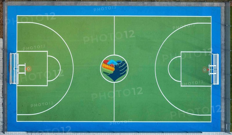 Aerial view, new building Manus, Manuel Neuer Kids Foundation, children and youth centre with football pitch Johannesstraße, Bottrop, Ruhr area, North Rhine-Westphalia, Germany, DE, Europe, shapes and colours, aerial view, aerial photography, aerial photography, overview, bird's eye view, birds-eyes view, overview