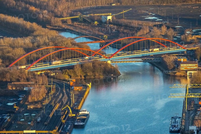 Aerial view, Rhine-Herne Canal A42 bridge in the district of Ebel in Bottrop, Ruhr area, North Rhine-Westphalia, Germany, Bottrop, bridge, DE, Emscher Expressway, Europe, colour red, canal, aerial view, aerial photography, aerial photography, overview, bird's-eye view, overview