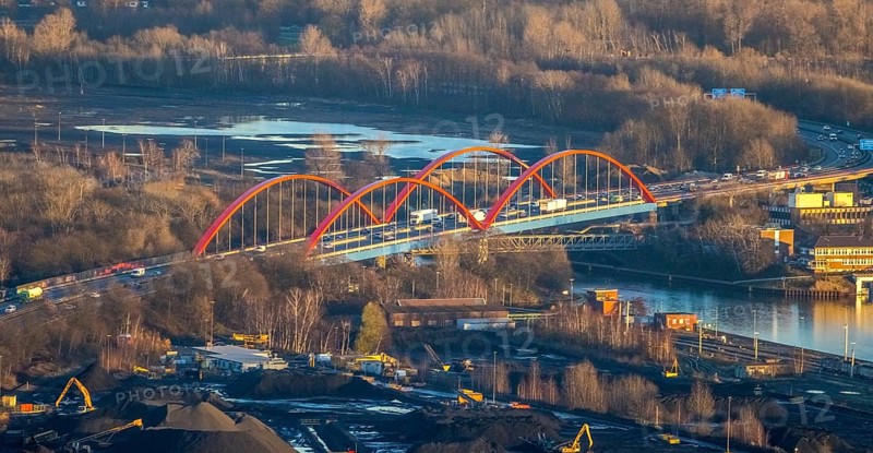 Aerial view, Rhine-Herne Canal A42 bridge in the district of Ebel in Bottrop, Ruhr area, North Rhine-Westphalia, Germany, Bottrop, bridge, DE, Emscher Expressway, Europe, colour red, canal, aerial view, aerial photography, aerial photography, overview, bird's-eye view, overview