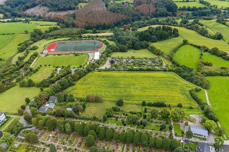 Aerial view, meadows and fields at the Klevinghauser Straße between cemetery and sports field in Breckerfeld, Sauerland, North Rhine-Westphalia, Germany, Breckerfeld, DE, Europe, football field, aerial view, aerial photography, aerial photography, sports facilities, sports field, sports facility, overview, bird's-eye view, overview