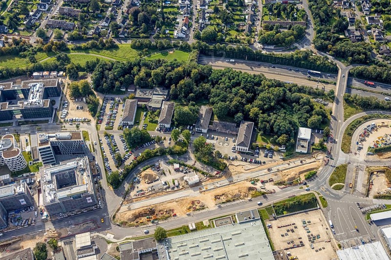 Aerial view, Federal Police Airport Road and construction site in the Unterrath district of Düsseldorf, Rhineland, North Rhine-Westphalia, Germany, eye of the law, construction work, construction area, building site, building plots, construction project, construction site, DE, Düsseldorf, Europe, aerial view, aerial photography, aerial photography, law enforcement, police, state authority, state power, overview, bird's-eye view, bird's-eye view, overview