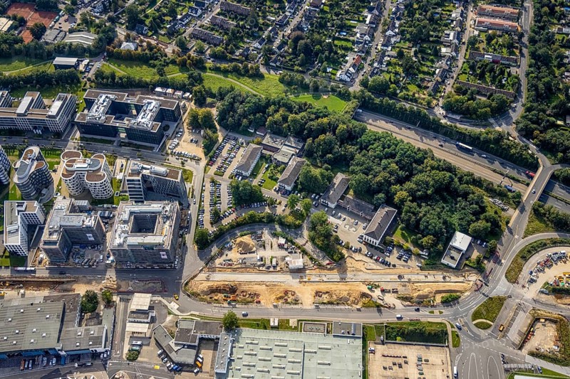 Aerial view, Federal Police Airport Road and construction site in the Unterrath district of Düsseldorf, Rhineland, North Rhine-Westphalia, Germany, eye of the law, construction work, construction area, building site, building plots, construction project, construction site, DE, Düsseldorf, Europe, aerial view, aerial photography, aerial photography, law enforcement, police, state authority, state power, overview, bird's-eye view, bird's-eye view, overview
