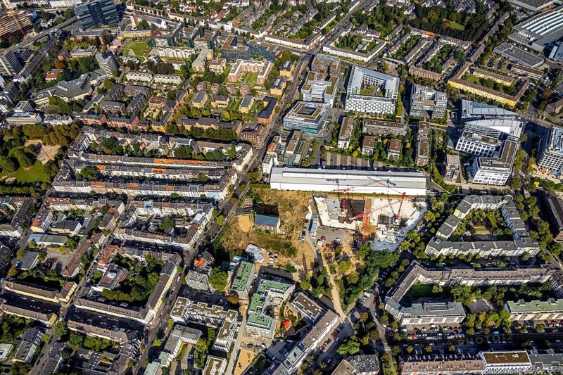 Aerial view, construction site Ulmer Höh and new building for residential quarter MAXFREI on the site of the former prison in the district Derendorf in Düsseldorf, Rhineland, North Rhine-Westphalia, Germany, construction work, construction area, construction site, building plots, construction project, construction site, DE, Düsseldorf, Europe, aerial view, aerial photography, aerial photography, new building, overview, bird's-eye view, bird's-eye view, overview
