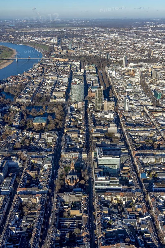 Aerial view, office buildings and commercial buildings Friedrichstraße with the catholic church St. Peter in the district Friedrichstadt in Düsseldorf, Rhineland, North Rhine-Westphalia, Germany, place of worship, city, DE, Düsseldorf, Europe, commercial buildings, commercial location, commercial use, religious community, place of worship, holy place, city centre, church, parish, denomination, aerial view, aerial photography, aerial photography, religion, religious site, city view, city centre, city centre, overview, bird's-eye view, overview