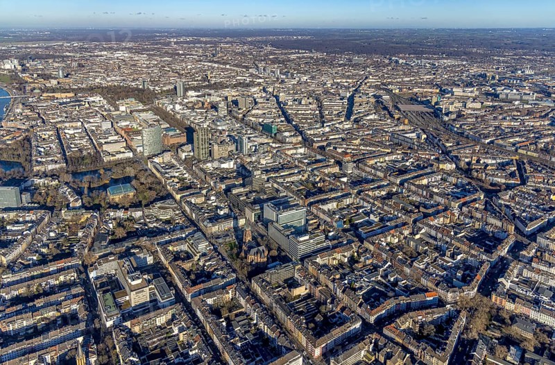 Aerial view, office buildings and commercial buildings Friedrichstraße with the catholic church St. Peter in the district Friedrichstadt in Düsseldorf, Rhineland, North Rhine-Westphalia, Germany, place of worship, city, DE, Düsseldorf, Europe, commercial buildings, commercial location, commercial use, religious community, place of worship, holy place, city centre, church, parish, denomination, aerial view, aerial photography, aerial photography, religion, religious site, city view, city centre, city centre, overview, bird's-eye view, overview